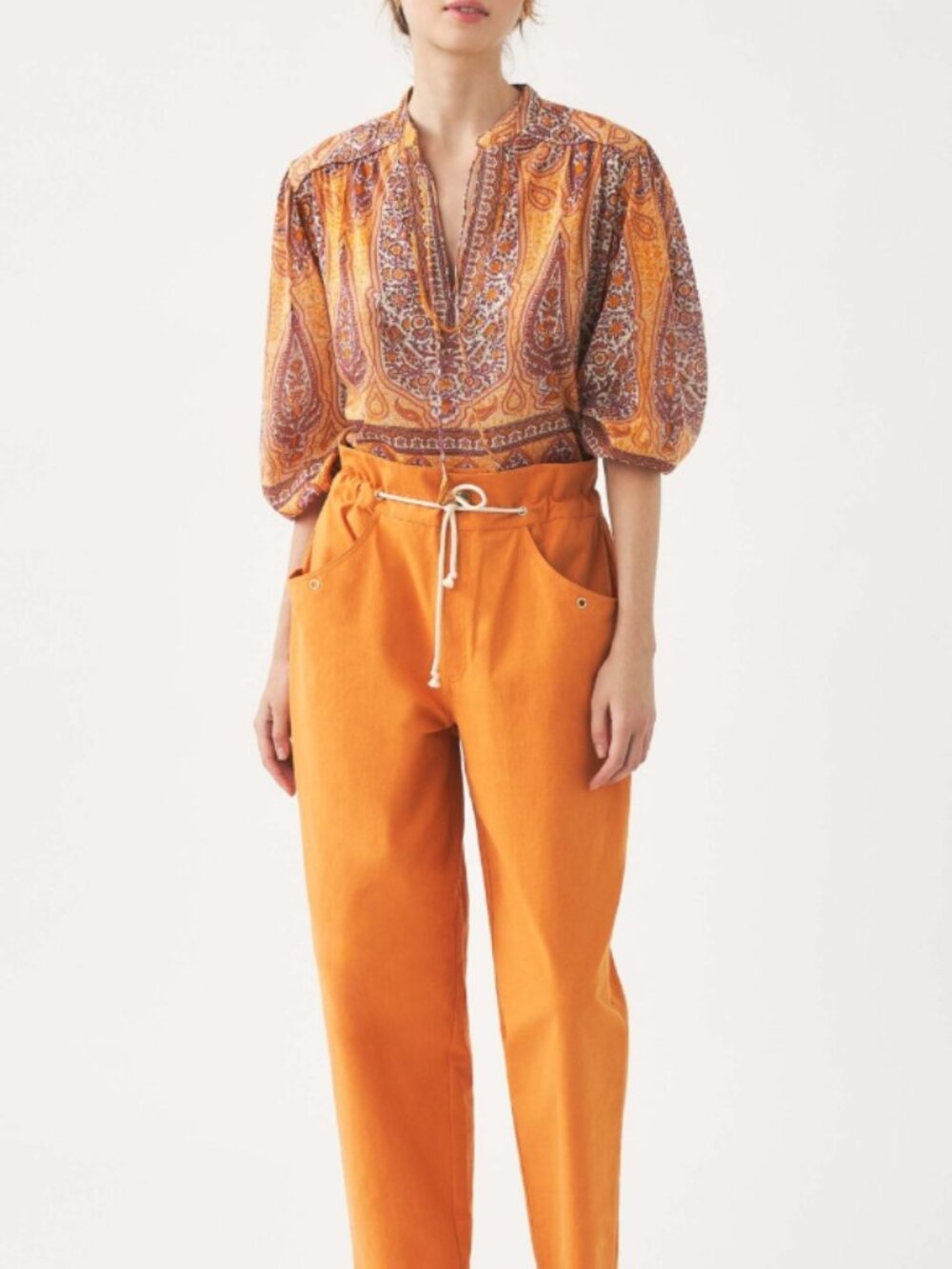 Like New! ANTIK BATIK Print Blouse Tajar Mango Paisley Tie-Neck Peasant Cotton S
